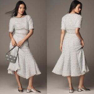 Anthropologie Mac Duggal 20806 Blue Short Sleeve Beaded Trim Boucle‎ Midi Dress